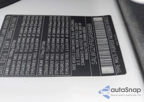 2016 Land Rover Range Rover Sport 3.0L V6 Supercharged Se z USA, uszkodzony, nr VIN SALWG2VF6GA584898